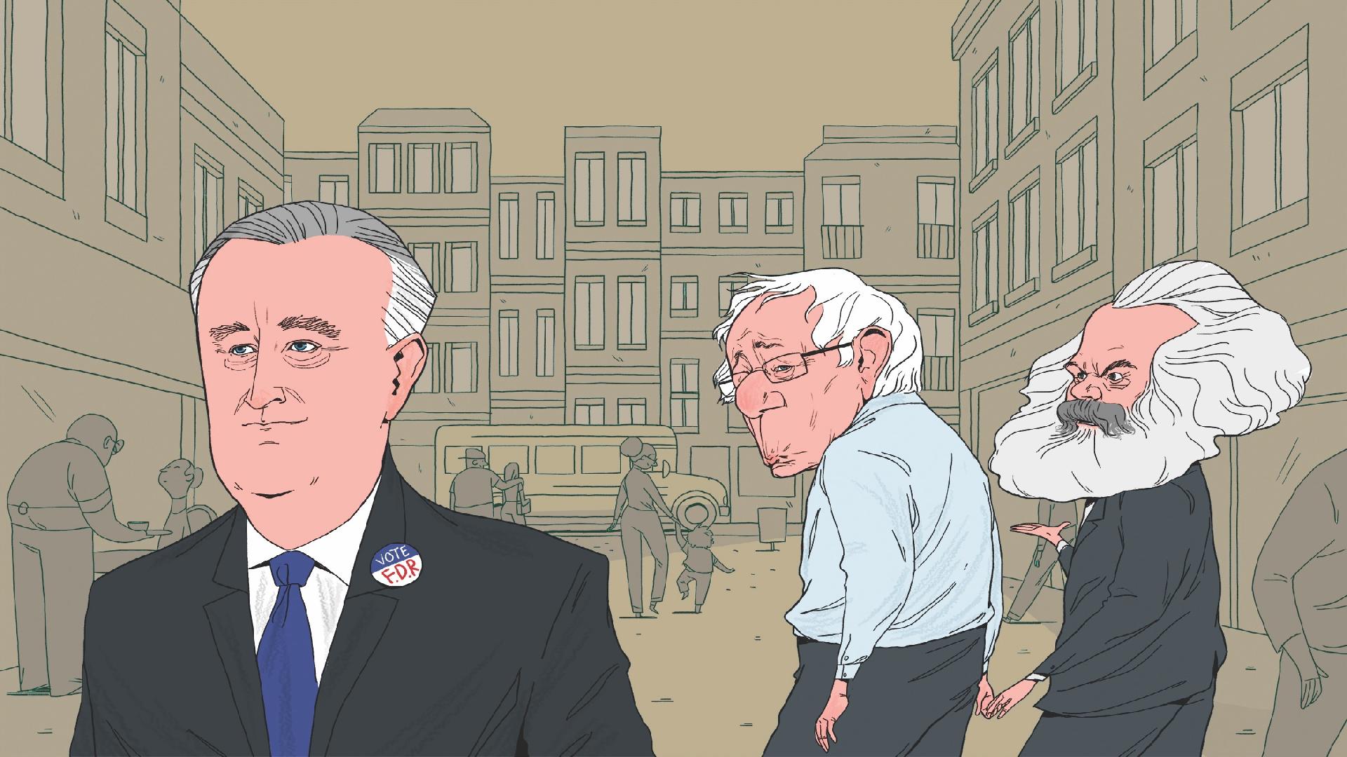 Political Cartoon. Published as the main illustration for article titled: The Socialist Network Are today’s young, Bernie-inspired leftist intellectuals really just New Deal liberals? by Gilad Edelman